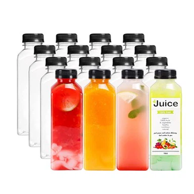 Ruudukujulised läbipaistvad plastpudelid mahlaäri jaoks